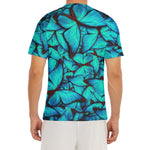 Turquoise Butterfly Pattern Print Men's Short Sleeve Rash Guard