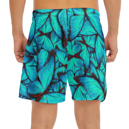 Turquoise Butterfly Pattern Print Men's Split Running Shorts