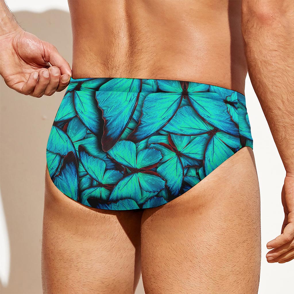 Turquoise Butterfly Pattern Print Men's Swim Briefs