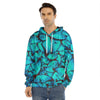 Turquoise Butterfly Pattern Print Men's Velvet Pullover Hoodie