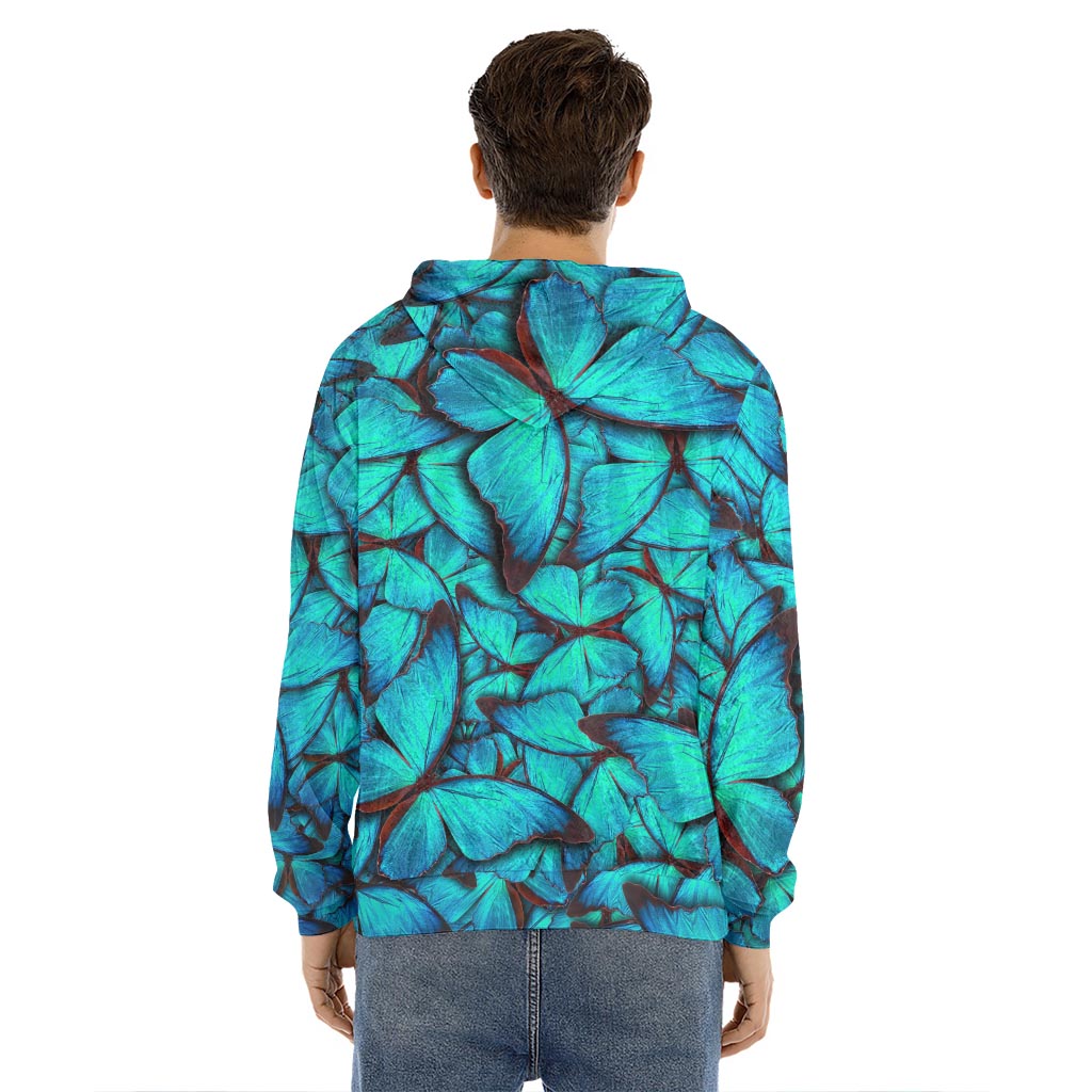 Turquoise Butterfly Pattern Print Men's Velvet Pullover Hoodie