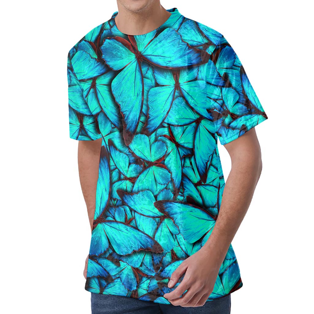 Turquoise Butterfly Pattern Print Men's Velvet T-Shirt