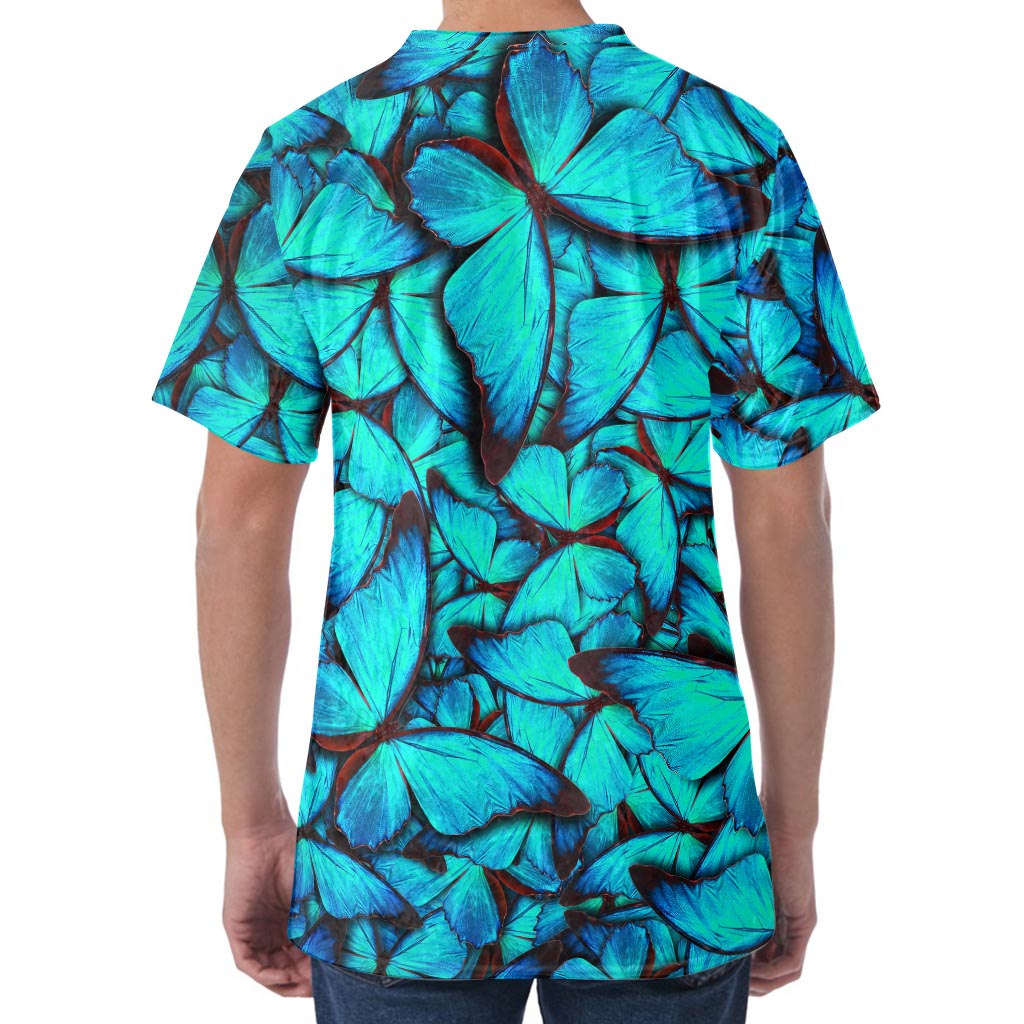 Turquoise Butterfly Pattern Print Men's Velvet T-Shirt