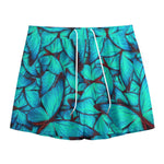 Turquoise Butterfly Pattern Print Mesh Shorts