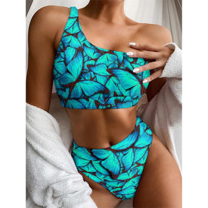 Turquoise Butterfly Pattern Print One Shoulder Bikini Top