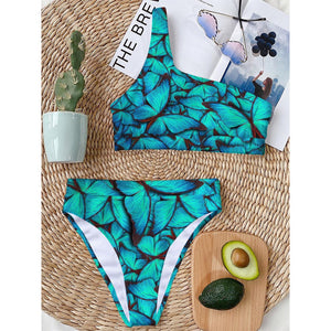 Turquoise Butterfly Pattern Print One Shoulder Bikini Top