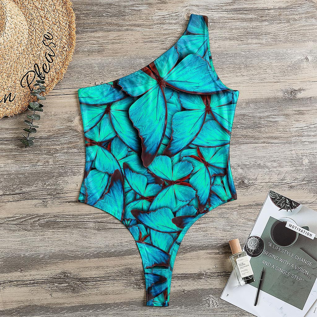Turquoise Butterfly Pattern Print One Shoulder Bodysuit