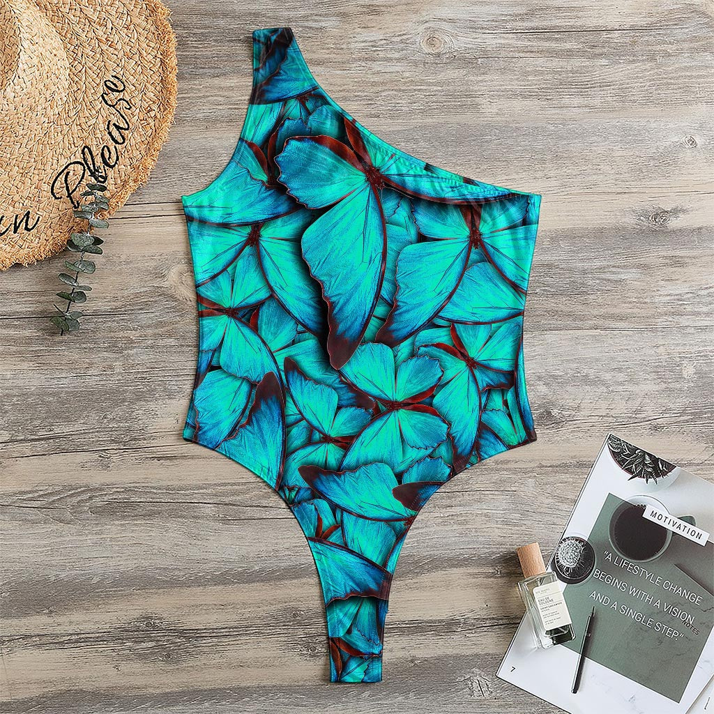 Turquoise Butterfly Pattern Print One Shoulder Bodysuit