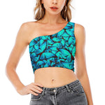 Turquoise Butterfly Pattern Print One Shoulder Crop Top