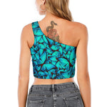 Turquoise Butterfly Pattern Print One Shoulder Crop Top