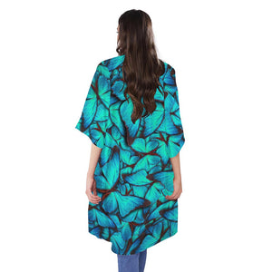 Turquoise Butterfly Pattern Print Open Front Beach Cover Up