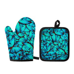 Turquoise Butterfly Pattern Print Oven Mitt And Pot Holder Set
