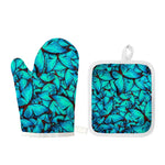 Turquoise Butterfly Pattern Print Oven Mitt And Pot Holder Set