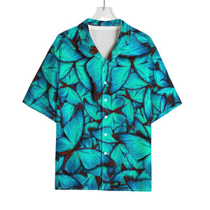 Turquoise Butterfly Pattern Print Rayon Hawaiian Shirt