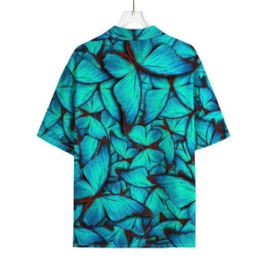 Turquoise Butterfly Pattern Print Rayon Hawaiian Shirt