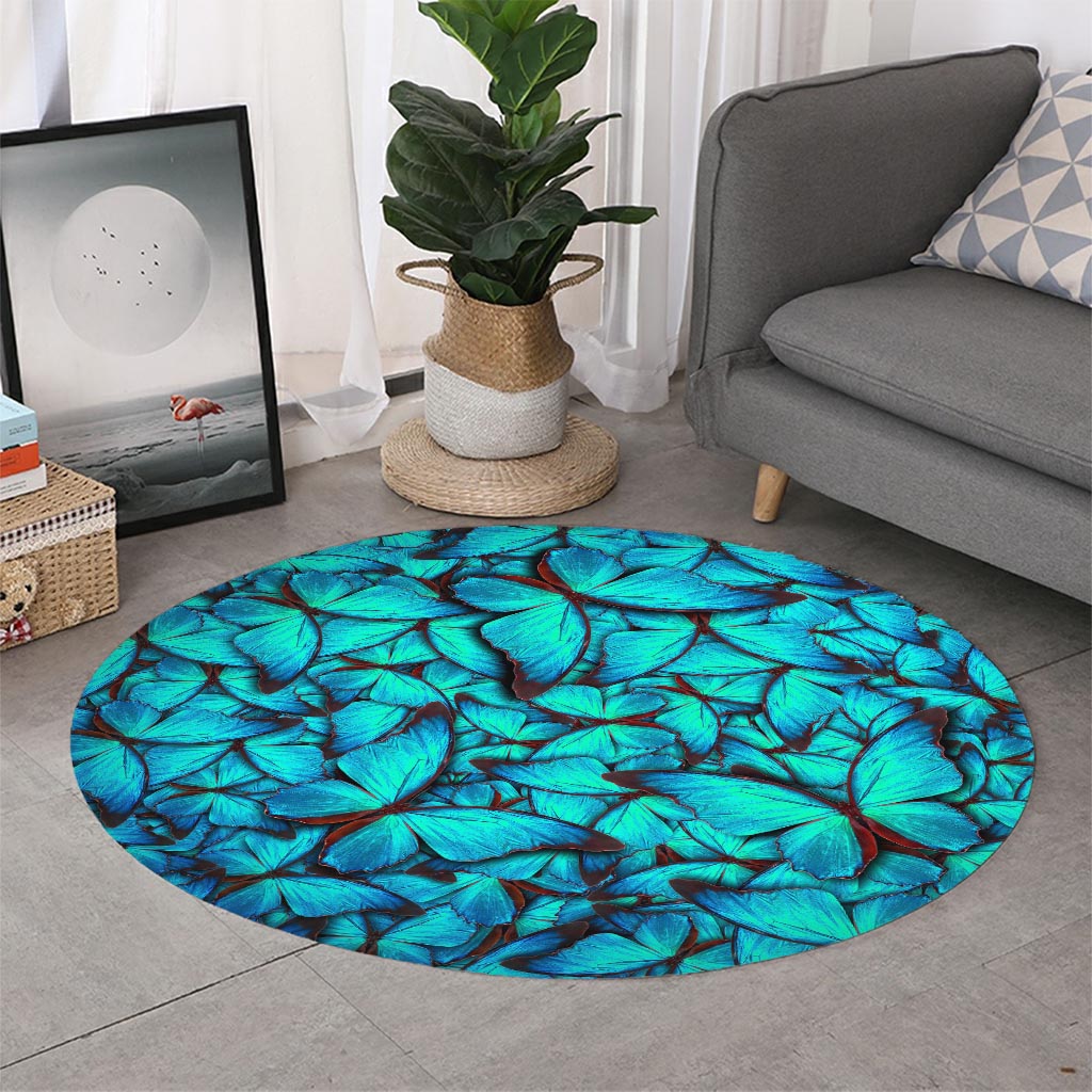 Turquoise Butterfly Pattern Print Round Rug