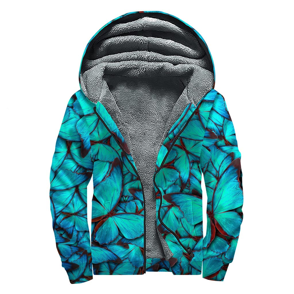 Turquoise Butterfly Pattern Print Sherpa Lined Zip Up Hoodie