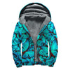 Turquoise Butterfly Pattern Print Sherpa Lined Zip Up Hoodie