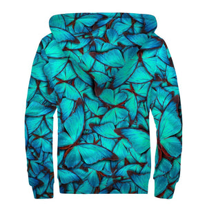 Turquoise Butterfly Pattern Print Sherpa Lined Zip Up Hoodie