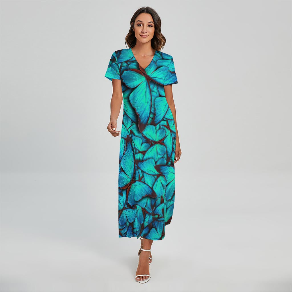 Turquoise Butterfly Pattern Print Short Sleeve Maxi Dress