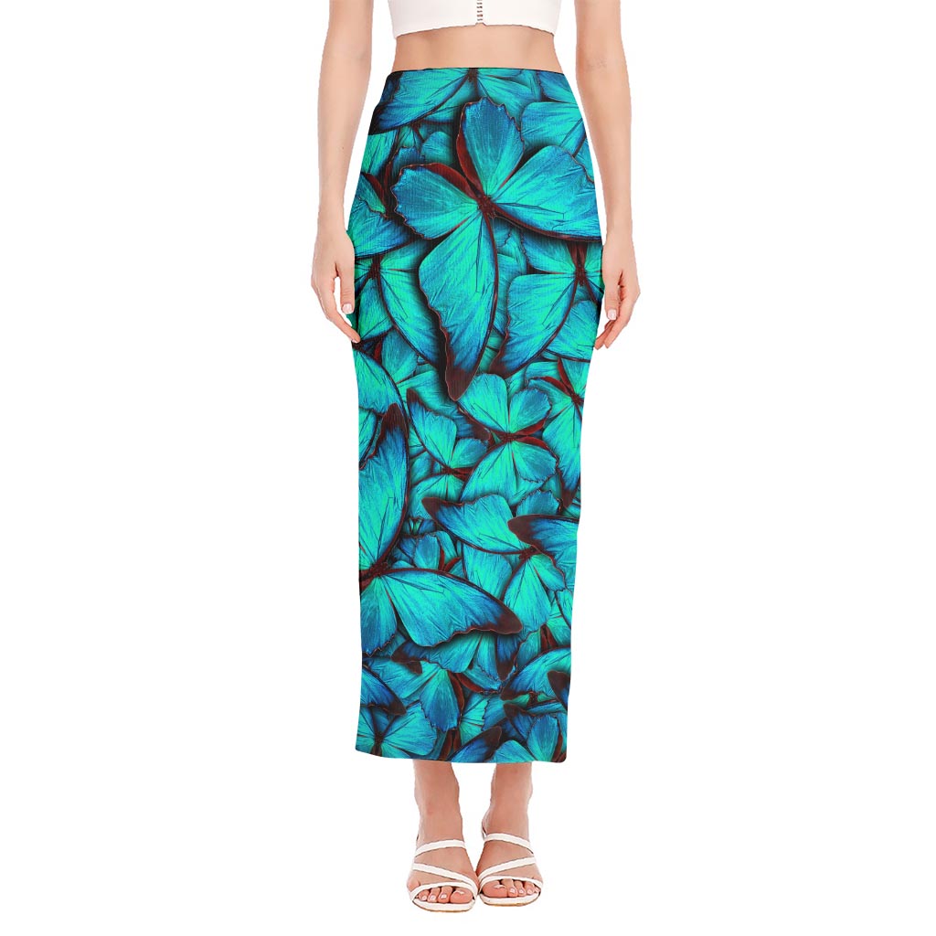 Turquoise Butterfly Pattern Print Side Slit Maxi Skirt