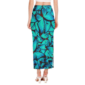 Turquoise Butterfly Pattern Print Side Slit Maxi Skirt