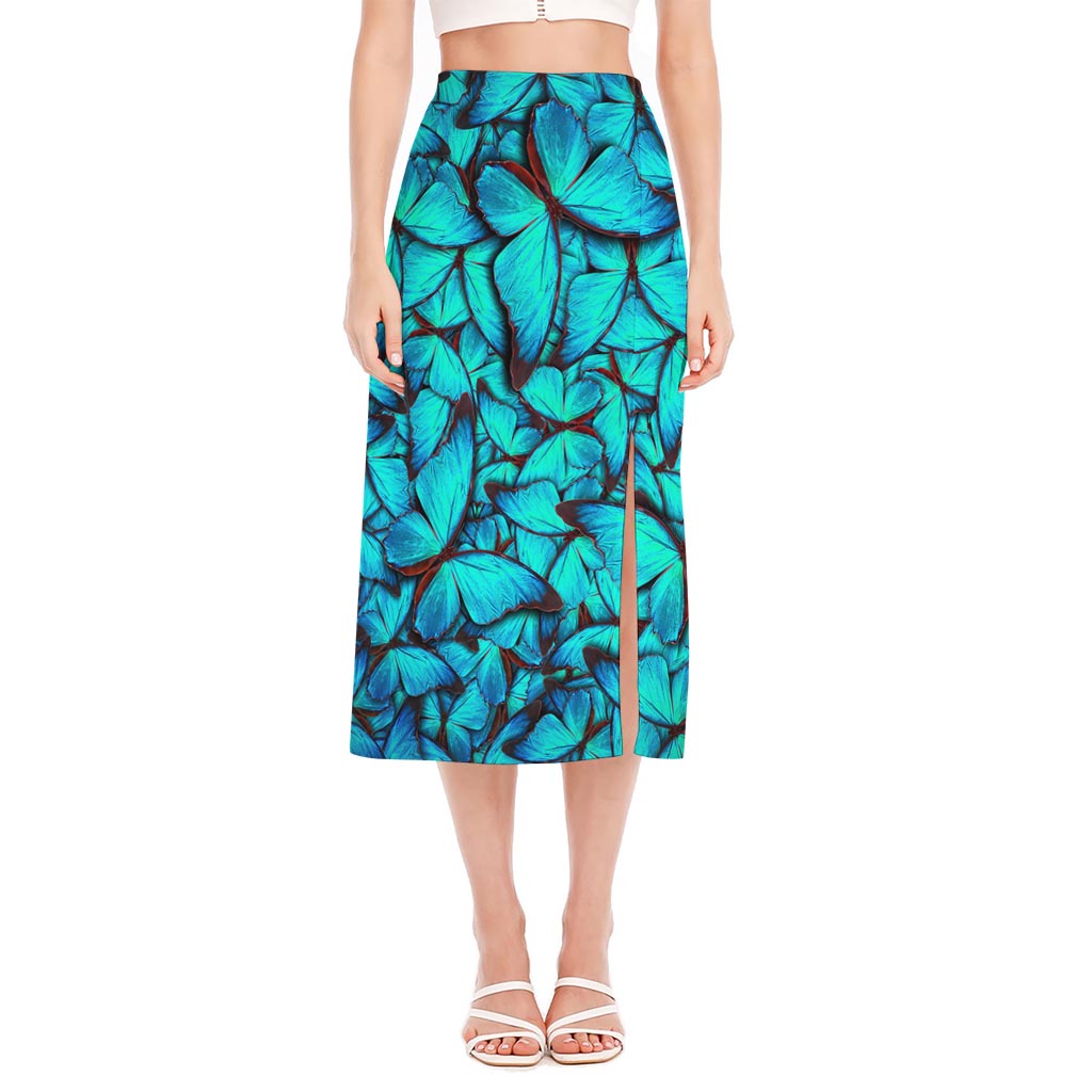 Turquoise Butterfly Pattern Print Side Slit Midi Skirt