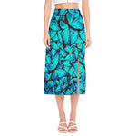 Turquoise Butterfly Pattern Print Side Slit Midi Skirt