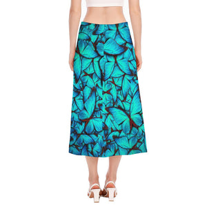 Turquoise Butterfly Pattern Print Side Slit Midi Skirt