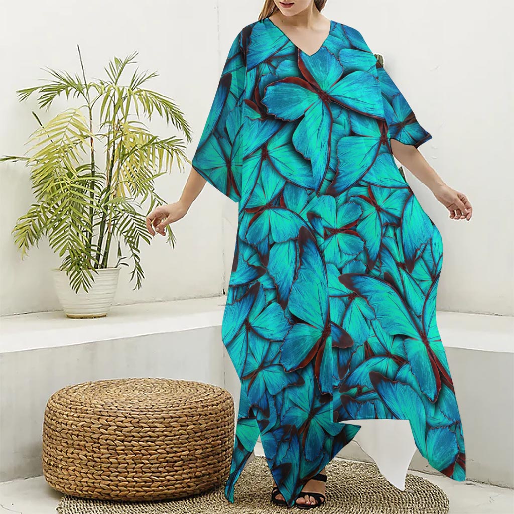 Turquoise Butterfly Pattern Print Silk V-Neck Kaftan Dress