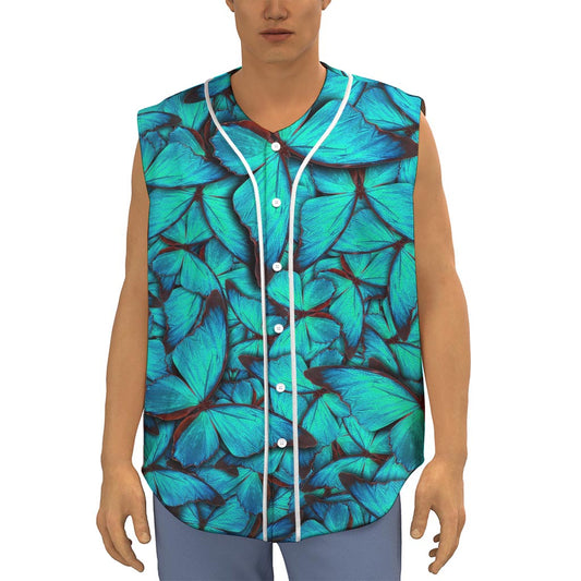 Turquoise Butterfly Pattern Print Sleeveless Baseball Jersey