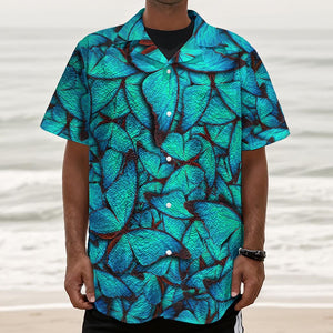Turquoise Butterfly Pattern Print Textured Short Sleeve Shirt
