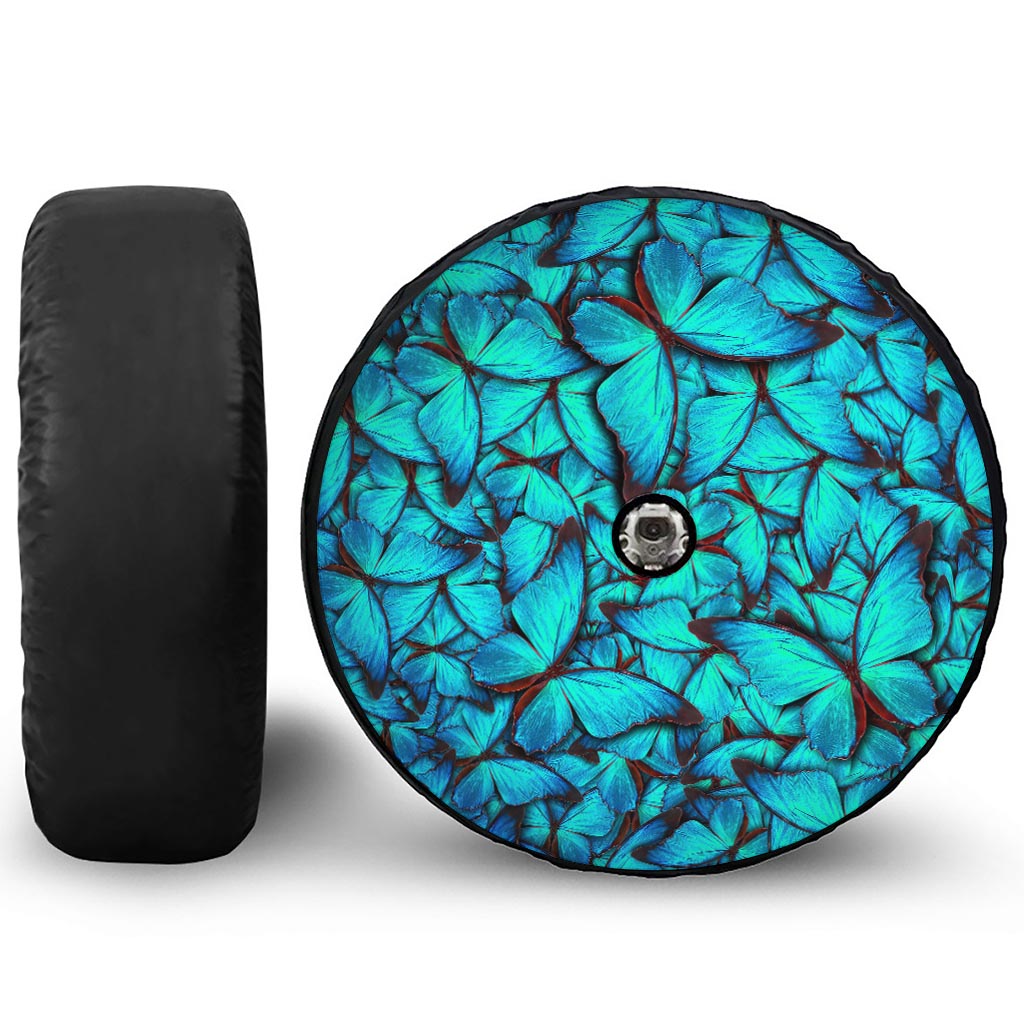 Turquoise Butterfly Pattern Print Tire Cover With Camera Hole
