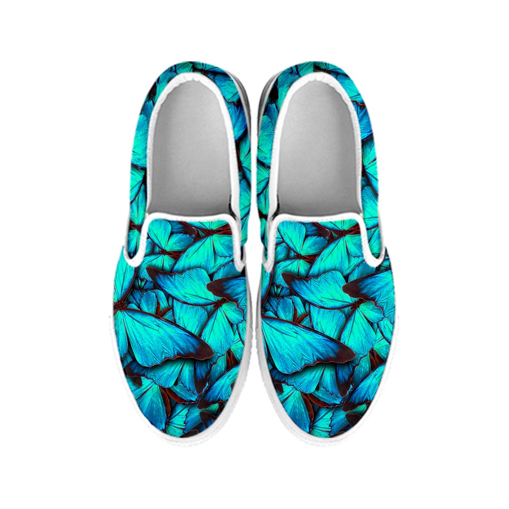 Turquoise Butterfly Pattern Print White Slip On Sneakers
