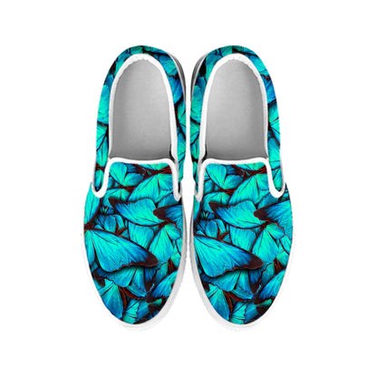Turquoise Butterfly Pattern Print White Slip On Sneakers