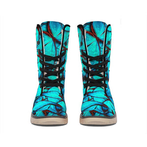 Turquoise Butterfly Pattern Print Winter Boots