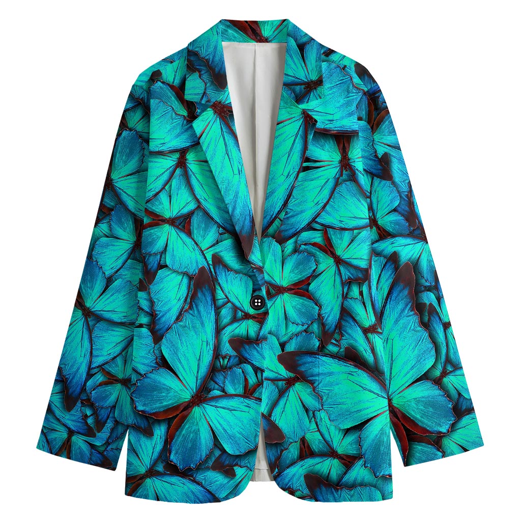 Turquoise Butterfly Pattern Print Women's Blazer