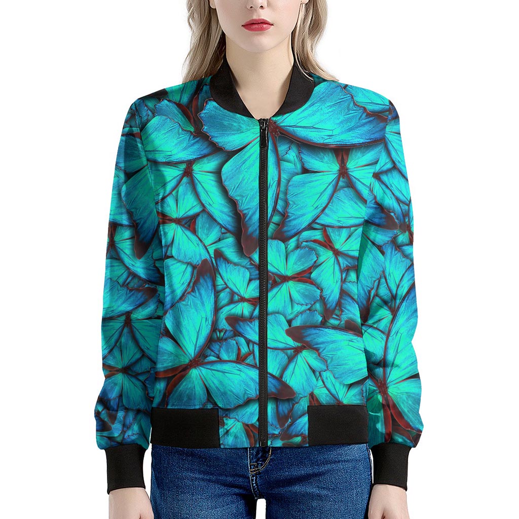 Turquoise Butterfly Pattern Print Women's Bomber Jacket