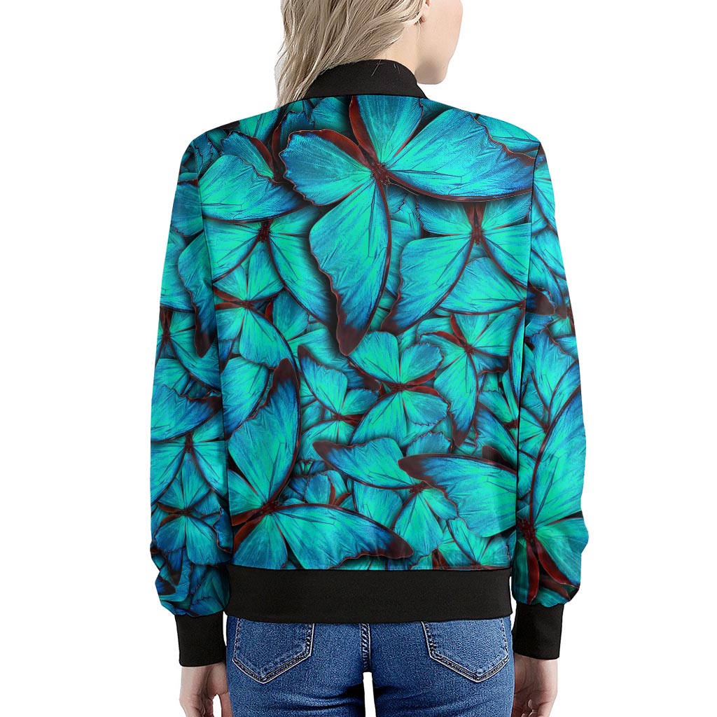 Turquoise Butterfly Pattern Print Women's Bomber Jacket