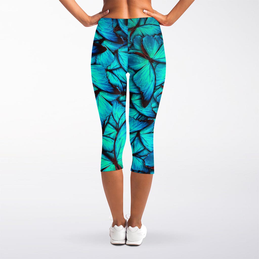 Turquoise Butterfly Pattern Print Women's Capri Leggings