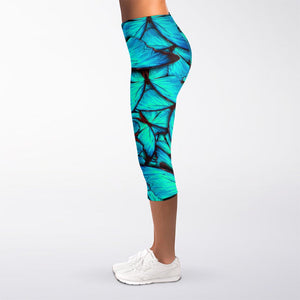 Turquoise Butterfly Pattern Print Women's Capri Leggings