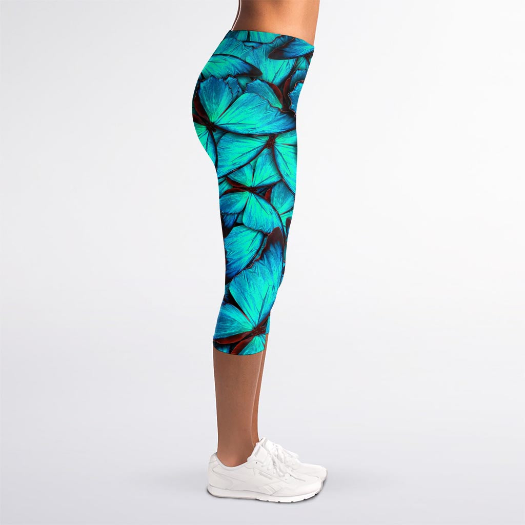 Turquoise Butterfly Pattern Print Women's Capri Leggings