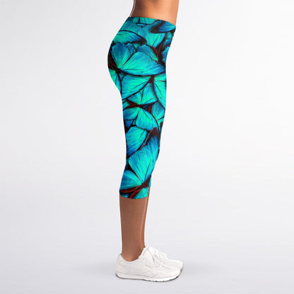 Turquoise Butterfly Pattern Print Women's Capri Leggings