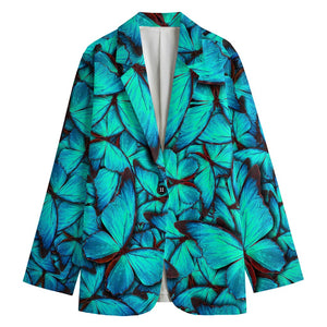 Turquoise Butterfly Pattern Print Women's Cotton Blazer