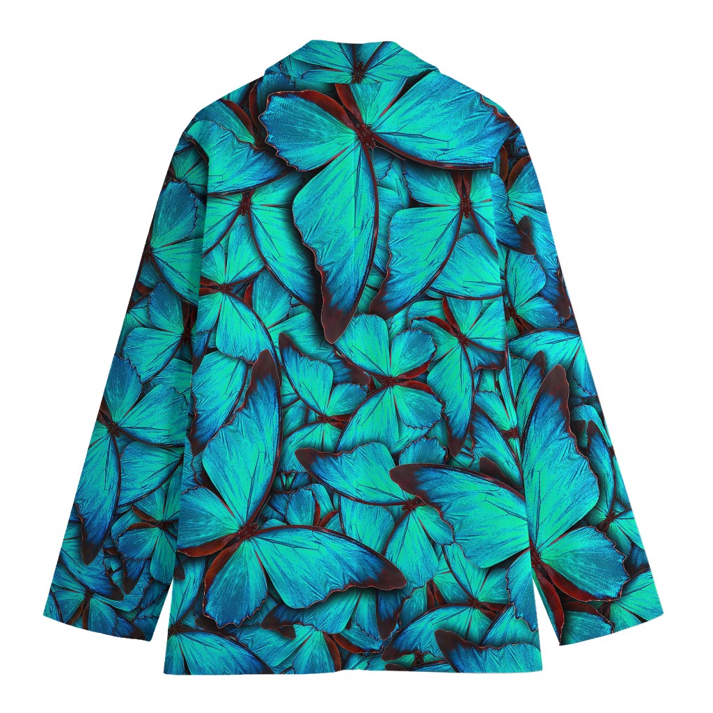 Turquoise Butterfly Pattern Print Women's Cotton Blazer