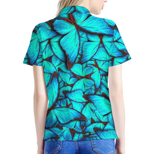 Turquoise Butterfly Pattern Print Women's Polo Shirt