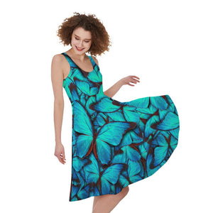 Turquoise Butterfly Pattern Print Women's Sleeveless Dress