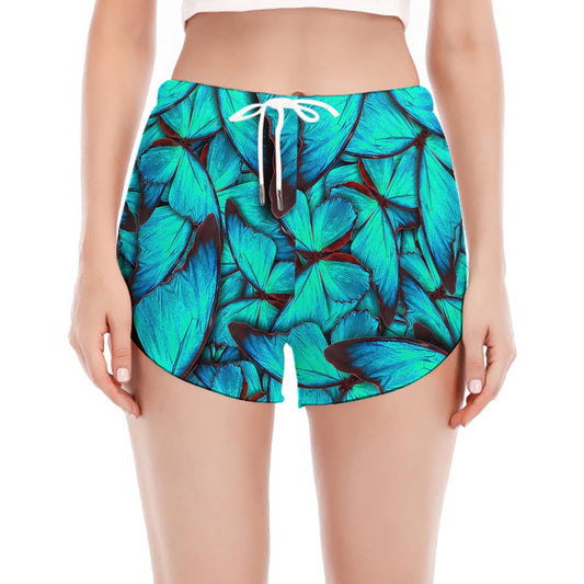 Turquoise Butterfly Pattern Print Women's Split Running Shorts