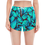 Turquoise Butterfly Pattern Print Women's Split Running Shorts
