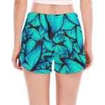 Turquoise Butterfly Pattern Print Women's Split Running Shorts